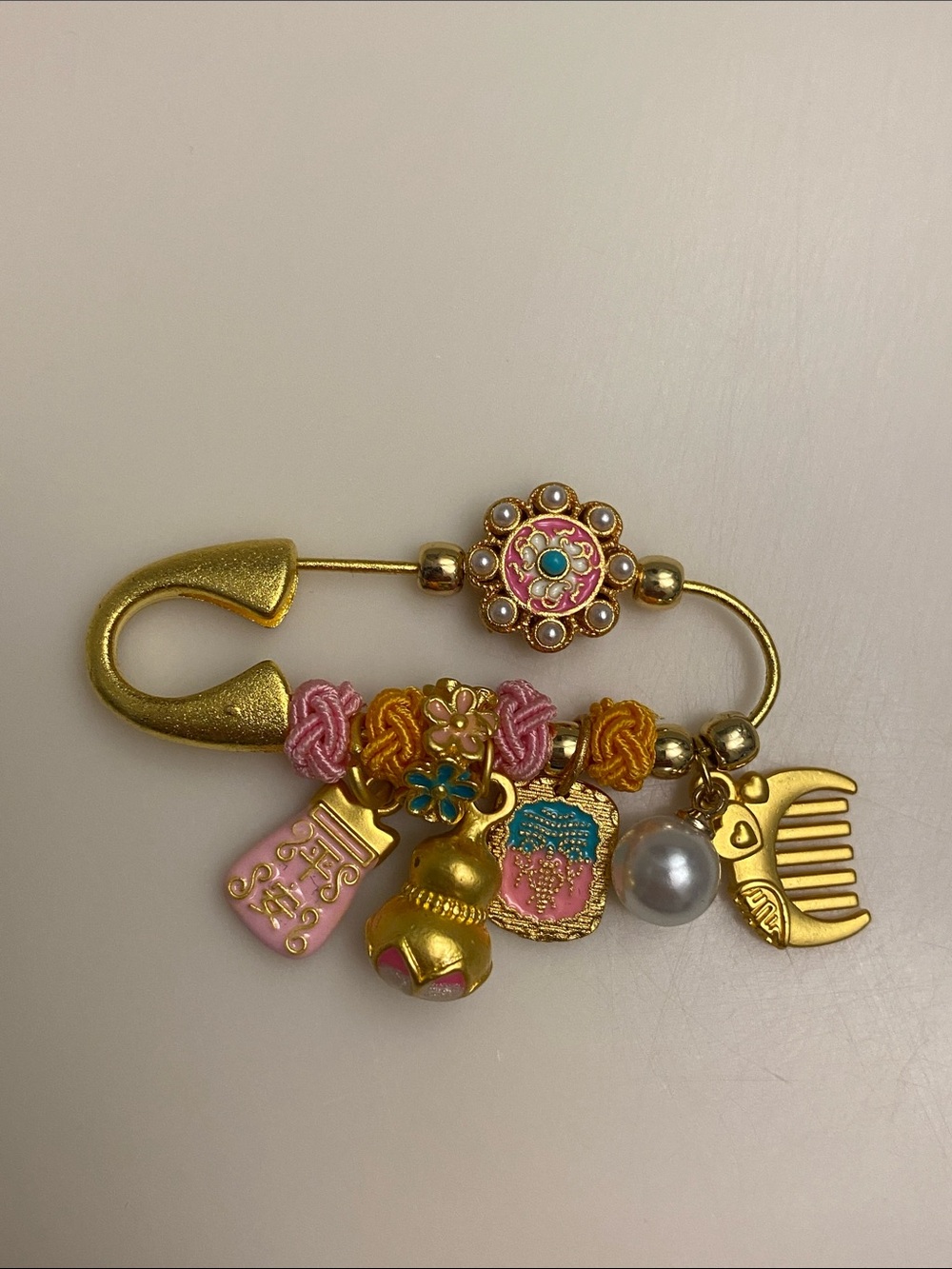 Buddha stones Gold-Tone Floral & Charms Safety Brooch — Pink, Gold & Blue